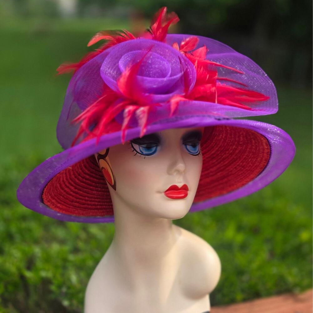 Kentucky Derby Wide Brim Hat Purple Red Floral Church Tea Party Fascinator